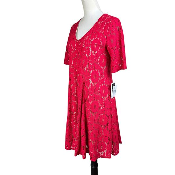 Julian Taylor NWT Red Floral Lace Sheer Nude Lining V-neck Trapeze Party Dress - Picture 3 of 14